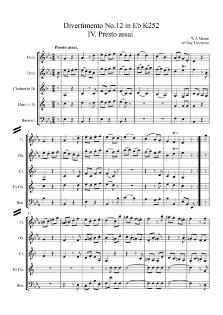 Mozart Divertimento No 12 In Eb K252 Mvt Iv Presto Assai Wind Quintet Sheet Music