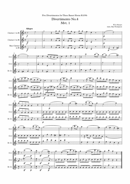 Mozart Divertimento No 4 Complete From Five Divertimenti For 3 Basset Horns Kv439b Clarinet Trio 2 Bb And Bass Alt 3rd Bb Sheet Music