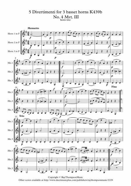 Mozart Divertimento No 4 Mvt Iii Menuetto And Trio From Five Divertimenti For 3 Basset Horns K439b Horn Trio Sheet Music