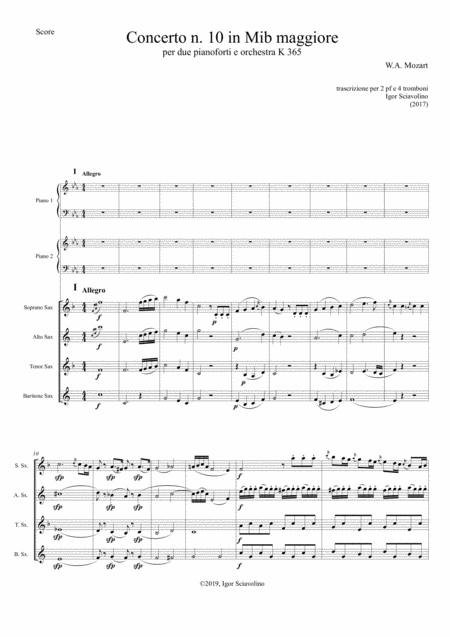 Mozart Double Concert Nr 10 Kv365 For 2 Piano And Orchestra Version For 2 Pf And Saxophone Quartet Sheet Music