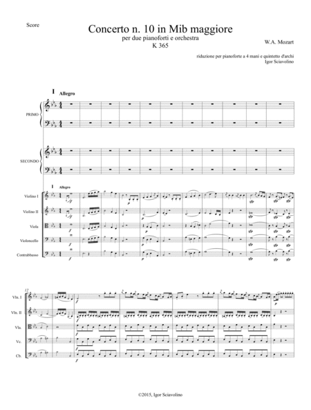 Free Sheet Music Mozart Double Concert Nr 10 Kv365 For 2 Piano And Orchestra Version For 4 Hands Piano And String Quintet With Cadenzas