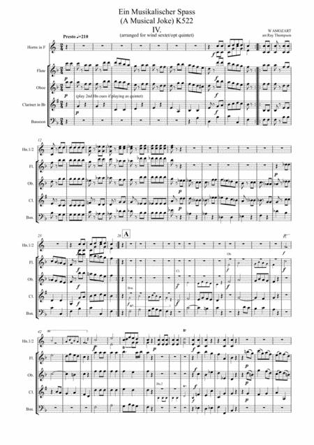 Mozart Ein Musikalischer Spass A Musical Joke K522 Mvt Iv Presto Wind Sextet Quintet Sheet Music