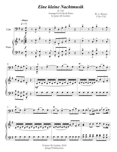 Free Sheet Music Mozart Eine Kleine Nachtmusik For Cello Piano