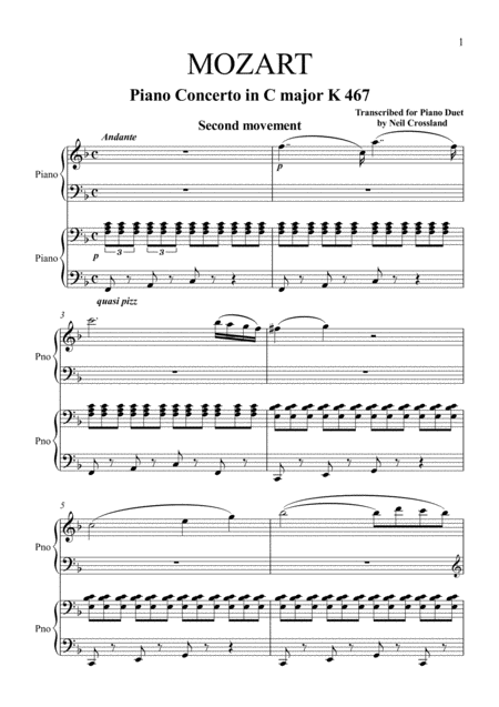 Mozart K 467 2nd Movement Elvira Madigan Sheet Music