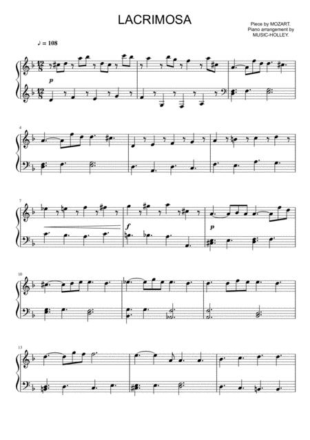 Mozart Lacrimosa Easy Piano Sheet Sheet Music