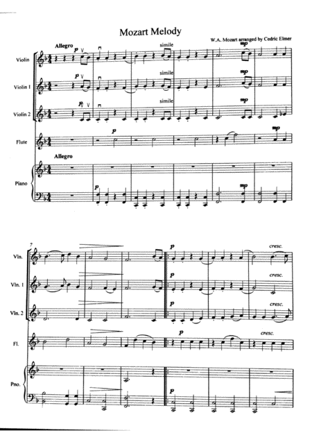 Mozart Melody For Violin Trio Flute And Piano Sheet Music