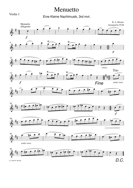 Mozart Menuetto Eine Kleine Nachtmusik 3rd Mvt For String Quartet Cm007 Sheet Music