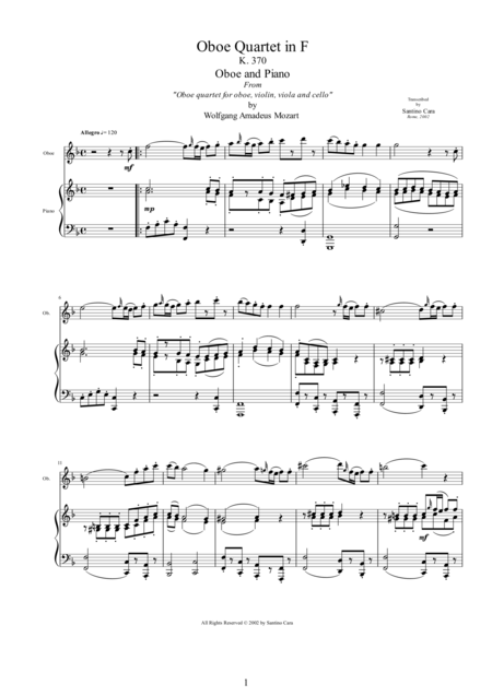 Free Sheet Music Mozart Oboe Quartet In F Major K370 1 Allegro Oboe And Piano