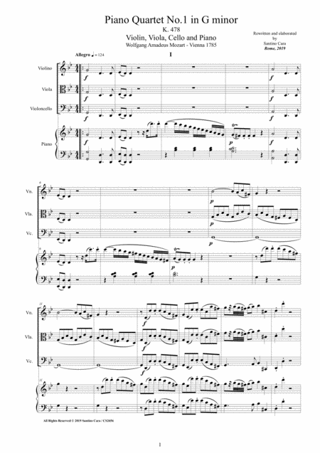 Mozart Piano Quartet No 1 In G Minor K 478 For Violin Viola Cello And Piano Score And Parts Sheet Music