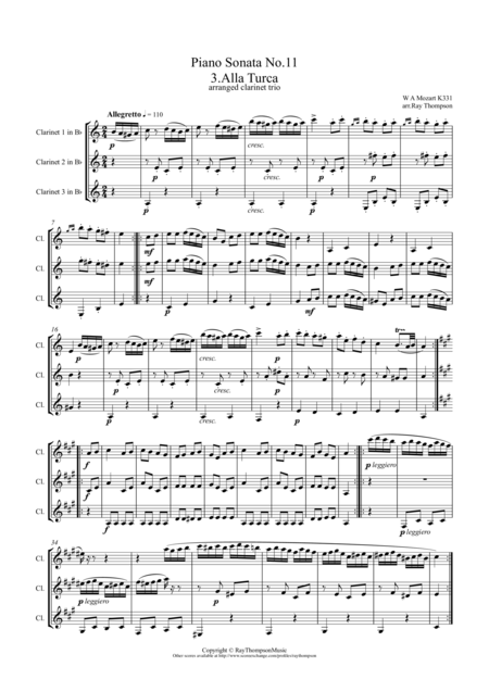 Free Sheet Music Mozart Piano Sonata No 11 In A K331 Mvt Iii Rondo Alla Turca Turkish March Clarinet Trio