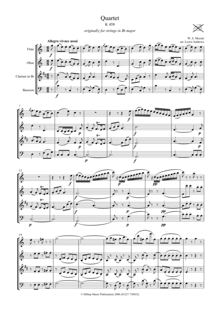 Mozart Quartet K 458 Arr Woodwind Quartet Sheet Music