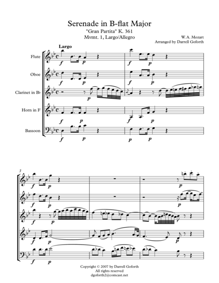 Mozart Serenade In Bb Major K 361 Gran Partita For Wind Quintet Mvmt 1 Largo Allegro Sheet Music