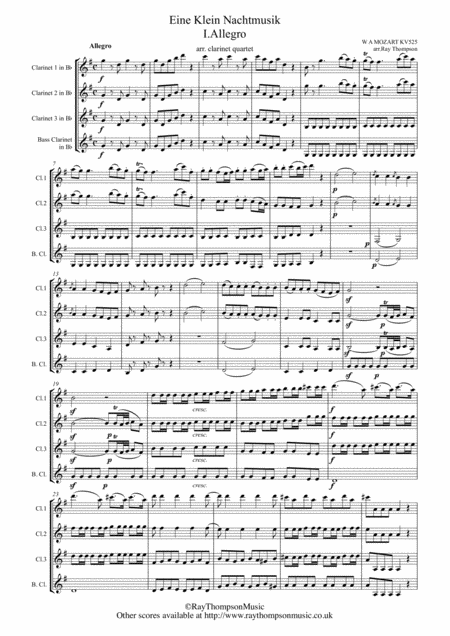 Mozart Serenade No 13 In G Eine Kleine Nachtmusik K 525 Mvt I Allegro Clarinet Quartet Sheet Music