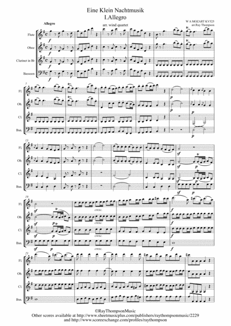 Mozart Serenade No 13 In G Eine Kleine Nachtmusik K 525 Mvt I Allegro Wind Quartet Sheet Music