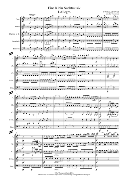 Mozart Serenade No 13 In G Eine Kleine Nachtmusik K 525 Mvt I Allegro Wind Quintet Sheet Music