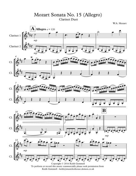 Mozart Sonata No 15 Allegro Clarinet Duet Sheet Music