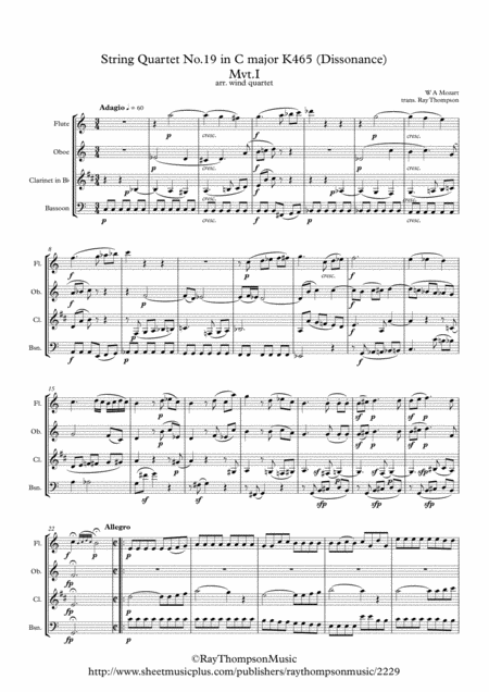 Mozart String Quartet No 19 In C Major K465 Dissonance Mvt I Adagio Allegro Wind Quartet Sheet Music