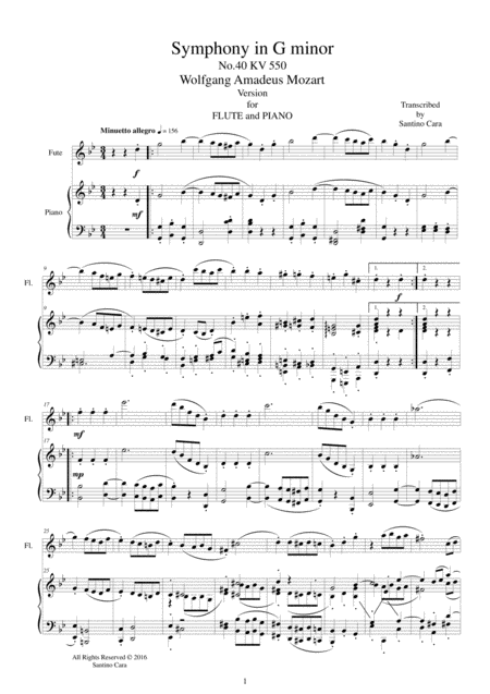 Mozart Symphony In G Minor No 40 Mov 3 Menuetto Trio Flute And Piano Sheet Music