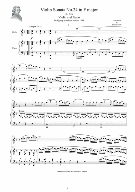 Mozart Violin Sonata No 24 In F Major K 376 For Violin And Piano Score And Part Sheet Music