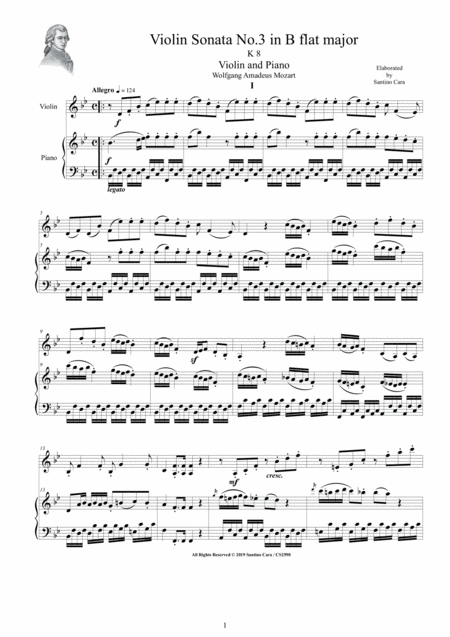Free Sheet Music Mozart Violin Sonata No 3 In B Flat Major Kv 8 For Violin And Piano Score And Part