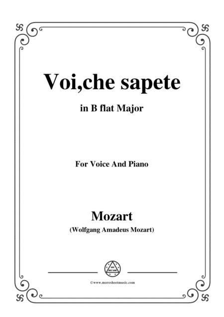 Mozart Voi Che Sapete In B Flat Major For Voice And Piano Sheet Music