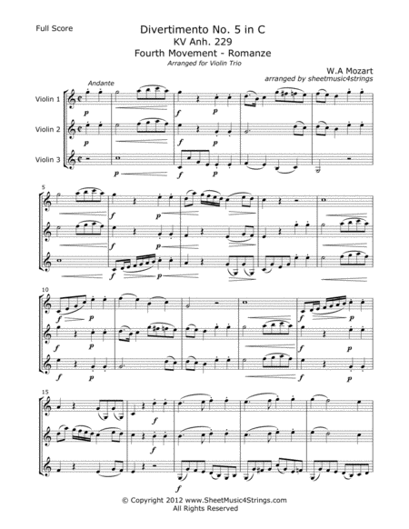 Mozart W Divertimento No 5 Mvt 4 For Three Violins Sheet Music