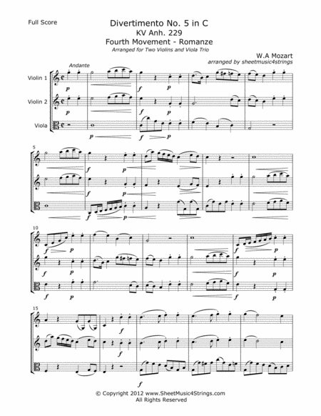 Mozart W Divertimento No 5 Mvt 4 For Two Violins And Viola Sheet Music