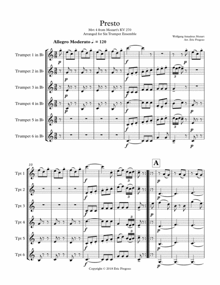 Free Sheet Music Mozarts Presto For Trumpet Sextet