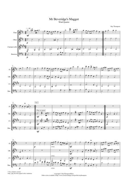 Free Sheet Music Mr Beveridges Maggot Theme And Variations Wind Quartet