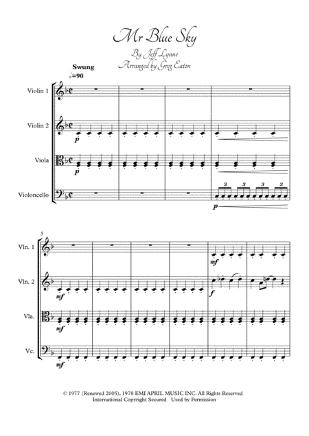 Free Sheet Music Mr Blue Sky Arranged For String Quartet By Greg Eaton Score And Parts Perfect For Gigging Quartets