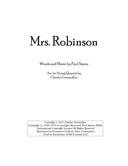 Mrs Robinson Simon Garfunkel String Quartet Sheet Music