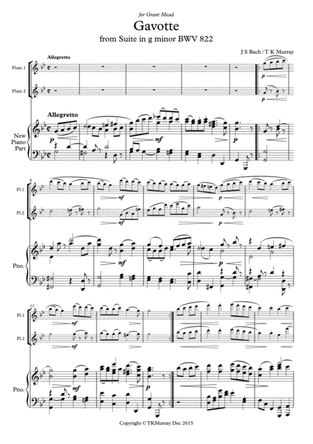Free Sheet Music Murray Bach Gavotte In G Minor 2nd Flute Part New Piano Part Suzuki Bk 2