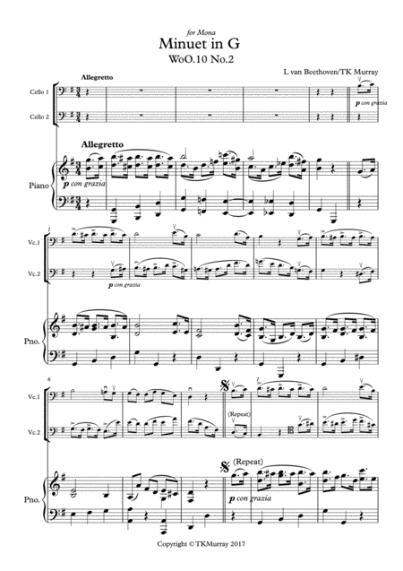 Free Sheet Music Murray Beethoven Minuet In G 2nd Cello Part New Piano Part Suzuki Bk 3