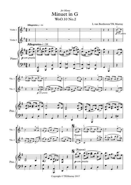 Murray Beethoven Minuet In G 2nd Violin Part New Piano Part Suzuki Bk 2 Sheet Music