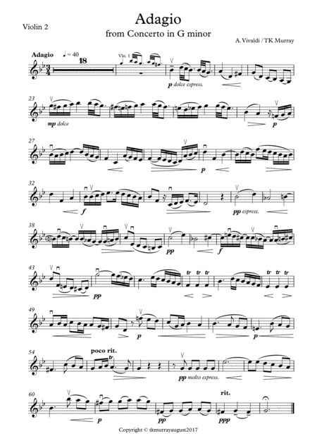 Free Sheet Music Murray Vivaldi Adagio G Minor Concerto 2nd Violin Part Suzuki Bk 5