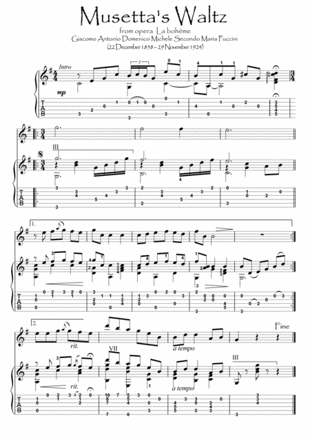 Musetta Waltz Violin Guitar Duet Sheet Music