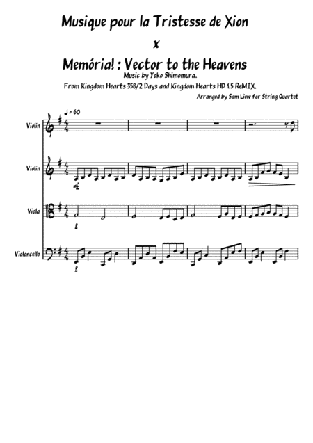 Free Sheet Music Music For The Sadness Of Xion X Vector To The Heavens For String Quartet