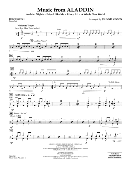 Free Sheet Music Music From Aladdin Arr Johnnie Vinson Percussion 1