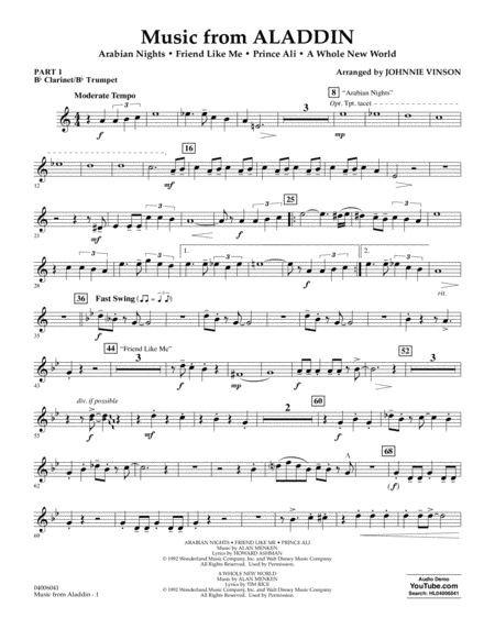 Music From Aladdin Arr Johnnie Vinson Pt 1 Bb Clarinet Bb Trumpet Sheet Music