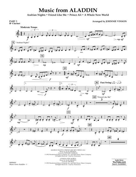 Music From Aladdin Arr Johnnie Vinson Pt 3 Bb Clarinet Sheet Music