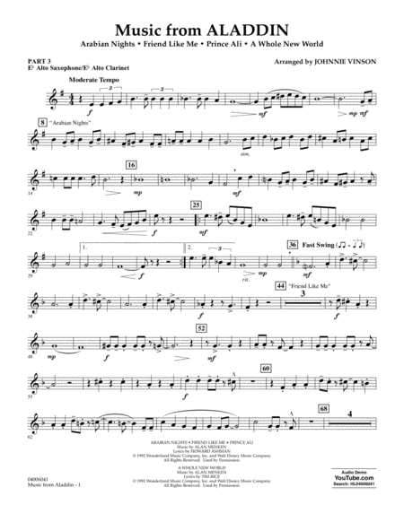 Music From Aladdin Arr Johnnie Vinson Pt 3 Eb Alto Sax Alto Clar Sheet Music