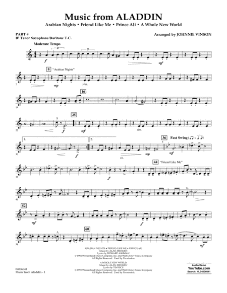 Music From Aladdin Arr Johnnie Vinson Pt 4 Bb Tenor Sax Bart C Sheet Music