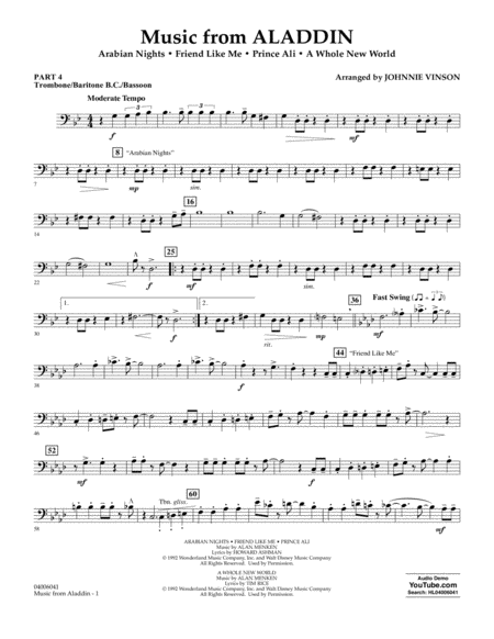 Music From Aladdin Arr Johnnie Vinson Pt 4 Trombone Bar B C Bsn Sheet Music