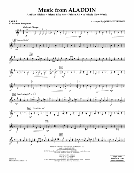 Music From Aladdin Arr Johnnie Vinson Pt 5 Eb Baritone Saxophone Sheet Music