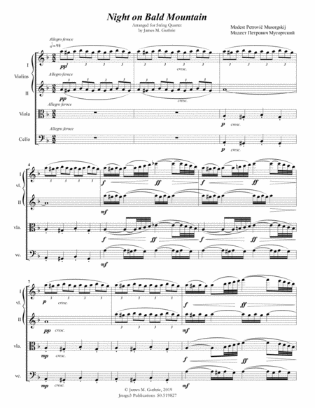 Free Sheet Music Mussorgsky Night On Bald Mountain For String Quartet