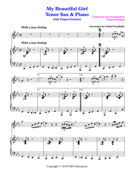 My Beautiful Girl Piano Background For Tenor Sax And Piano With Improvisation Video Sheet Music