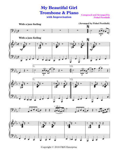 My Beautiful Girl Piano Background For Trombone And Piano With Improvisation Video Sheet Music