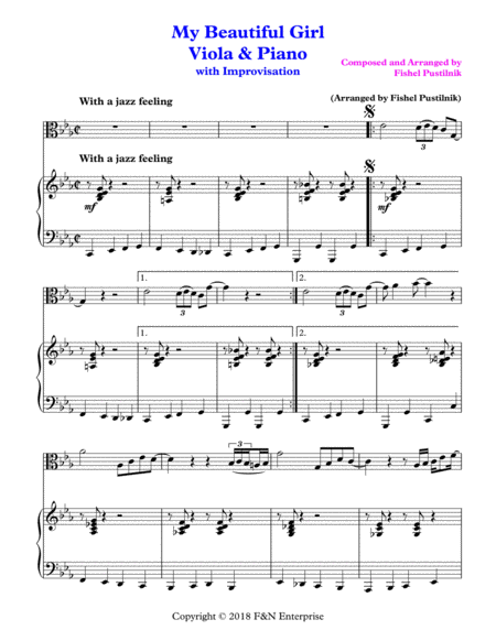 My Beautiful Girl Piano Background For Viola And Piano With Improvisation Video Sheet Music