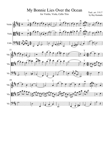 My Bonnie Lies Over The Ocean For Violin Viola Cello Trio Sheet Music