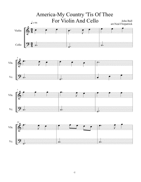 My Country Tis Of Thee America For Violin And Cello Sheet Music